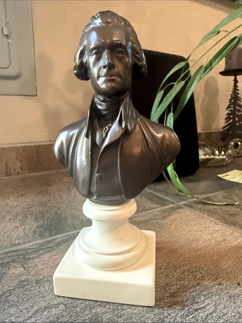 Classic Bronze-Style Bust Sculpture on White Pedestal - Home Art